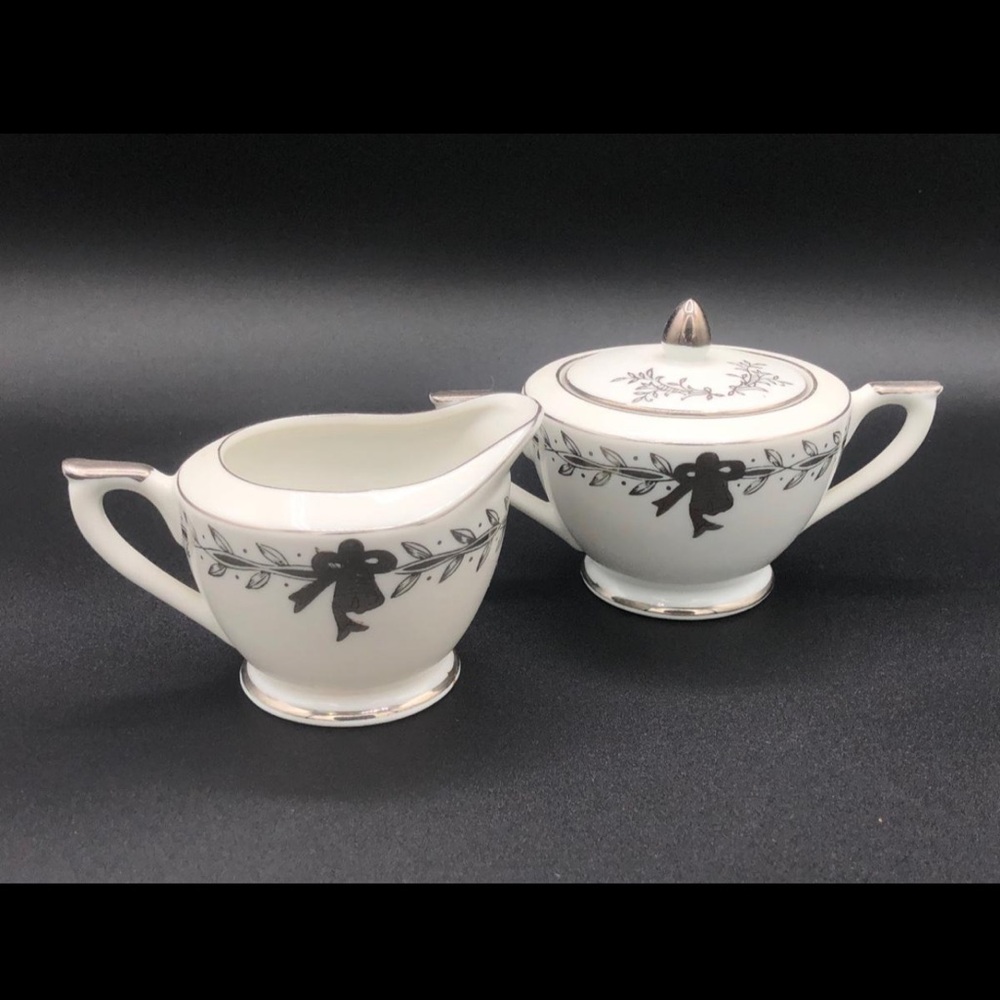 Vtg Lefton China 25th Anniversary Sugar & Creamer White Silver 280N Hand Painted
